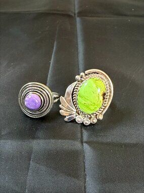 1990s OOAK Vintage Indian Turquoise Green Purple Navajo Silver .925 Set of 2 8.5